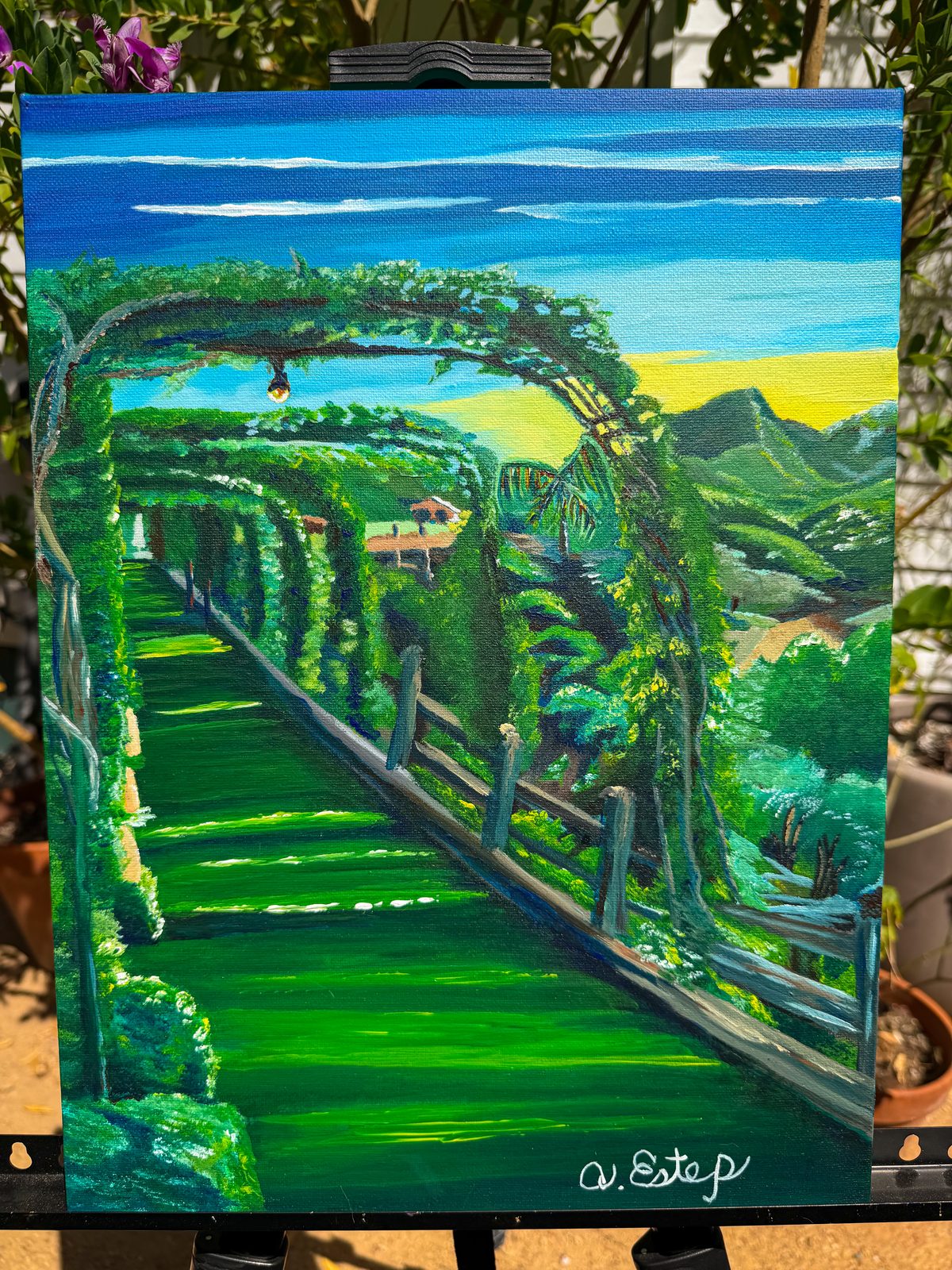 Cielo Farms — painting of a vine-covered arbor walkway winding through green Malibu hills