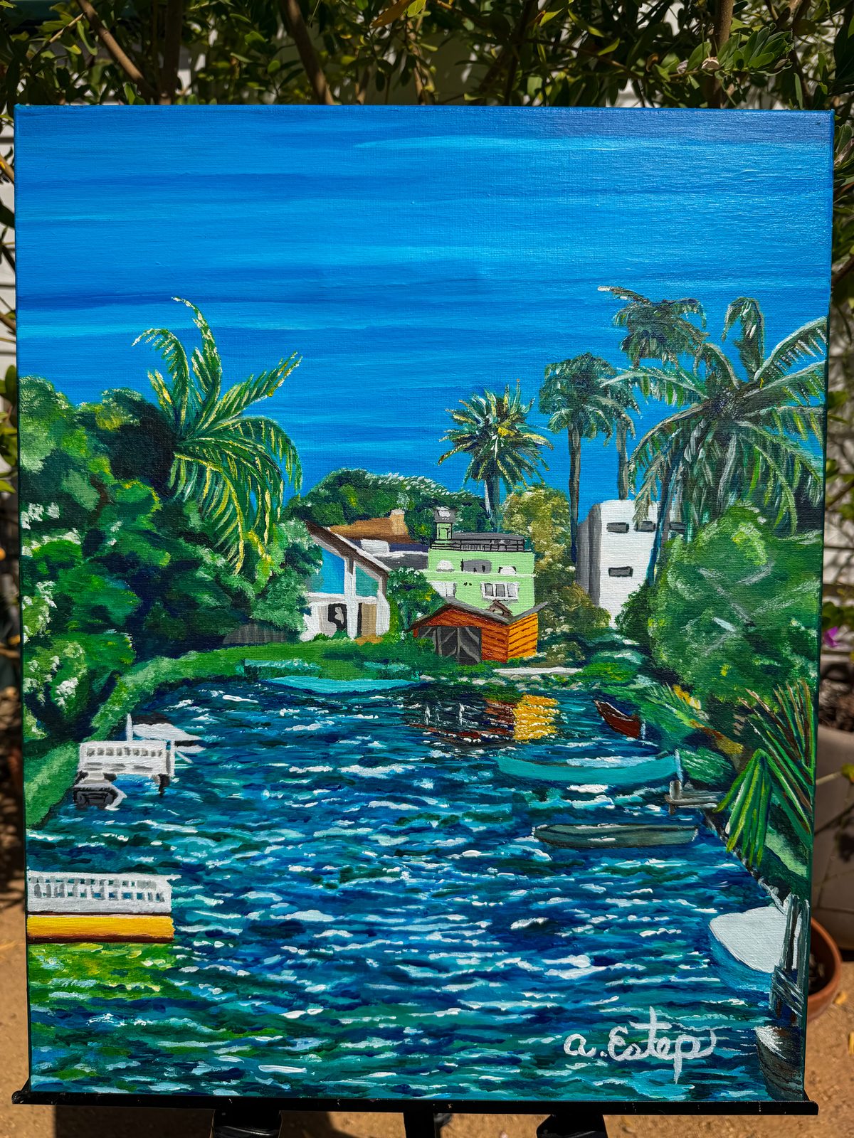 Linnie Canal — painting of a Venice canal with palms, moored boats, and canal-front homes under a deep blue sky
