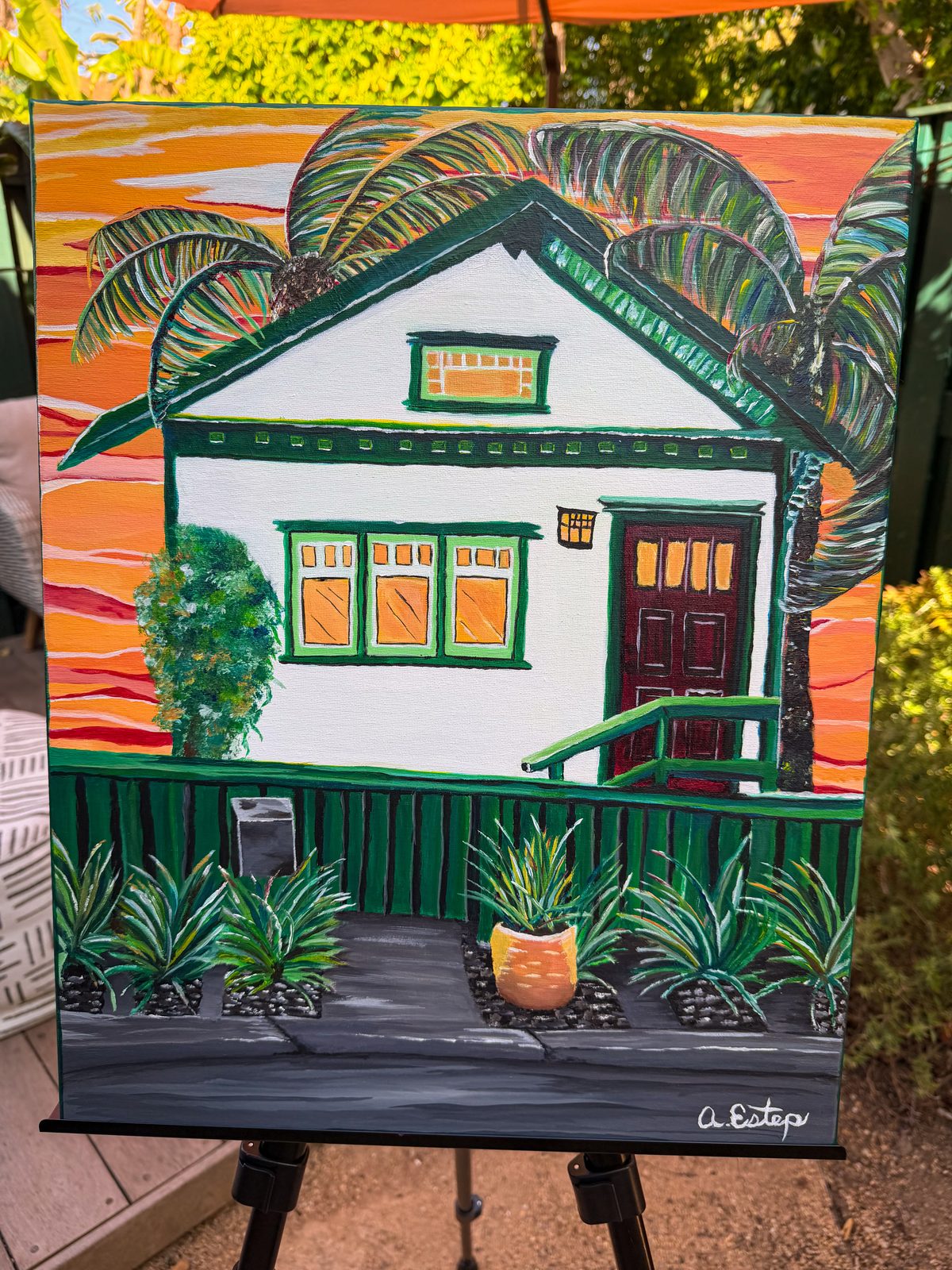 Venice Bungalow — commissioned painting of a white bungalow with green trim under an orange sunset sky